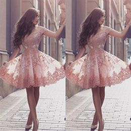 2019 New Peach Arabic Homecoming Dresses Cap Sleeves Short Lace Appliques Beaded 3D Floral Flowers Tulle Cocktail Dress Party Prom Gowns
