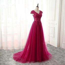 New Arrival Dark Red Long Prom Dress Modest With Cap Sleeves V Neck Beaded Lace Top Tulle Skirt Women Formal Party Dress Custom Made