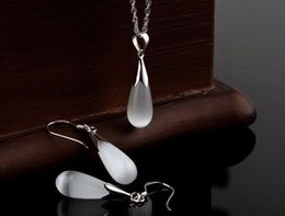 Sterling Silver Waterdrop Opal Pendant Necklace Dangle Earrings Set