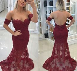 Newest Burgundy Lace Mermaid Evening Dresses Sheer Neck Off Shoulder Sequins Beaded Backless Evening Gowns Sexy Prom Dress Formal Dresses