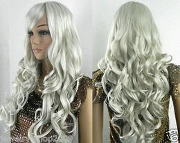 Wholesale free shipping>>>>New wig Cosplay Curly With Bang Silver White Long Wig