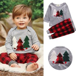 Cotton Boys Suits Christmas Clothes Baby Boys Clothing Set Children Kids Christmas Tree T Shirts +Plaid Pants Two Piece Baby Boy Clothes Set