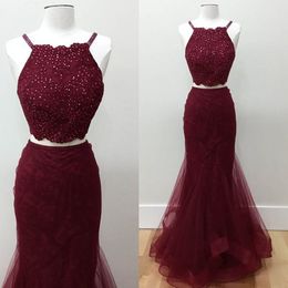 Two-piece Sleeveless Mermaid Spaghetti-strap Beads Sexy Prom Dress Burgundy Lace Applique Evening Dress vestidos de fiesta largos