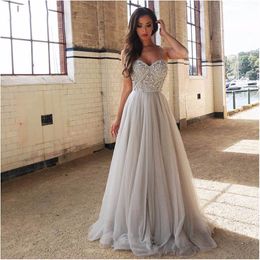 Charming Sweetheart Sliver Rhinestones Long Prom Dresses Evening Party Dress Straps Tulle Crystals Beaded Vestido De Festa Prom Gowns