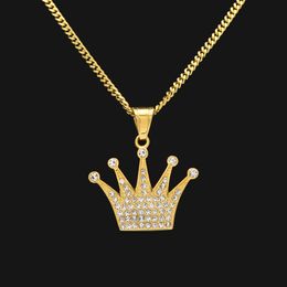 Stainless Steel Gold Colour Charm Exquisite Imperial Crown Rhinestones Pendant With Free 24 inch Cuban Chain Top Quality Necklace