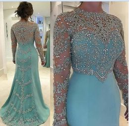 2021 Mint Green New Mother Of The Bride Dresses Silver Lace Appliques Beaded Long Sleeves Illusion Plus Size Party Dress Wedding G298m