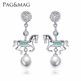 PAG&MAG 925 Sterling Silver Fashion Creative Colour Carousel Drop Earrings For Girl Natural Pearl Pendant Earrings Women Jewellery