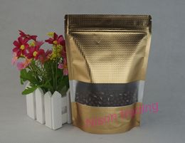 100pcs/lot dried vegetable packing poly pouch, 22*30cm self-standing dark golden aluminium foil ziplock embossing bag with window. Tea bags