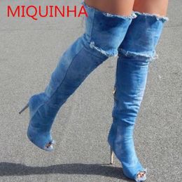 Top quality hot fashion denim women booties over the knee boots peep toe thin high heels women shoes zipper spring autumn botas mujer