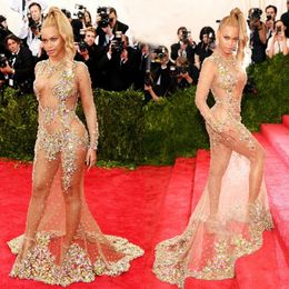 Glamorous Beauty Beyonce Celebrtiy Dresses 2017 Stylish Sheer Beaded Nude Naked Mermaid Evening Dresses Sexy Long Sleeve Red Carpet Dresses