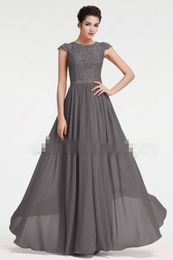 Beach Long Modest Bridesmaid Dresses With Cap Sleeves Grey Lace Chiffon Country Summer Wedding Party Gowns Maids of Honour Dress 2019