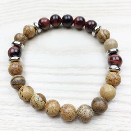 SN1032 Top Design Men`s Bracelet Healing Meditation Bracelet Mala Beads Red Tiger Eye Picture Jasper Bracelet Wholesale