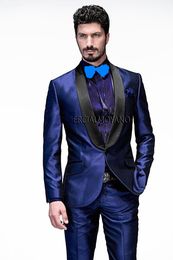 Classic Style Groom Tuxedos Groomsmen Blue Shawl Collar Best Man Suit Wedding Men's Blazer Suits (Jacket+Pants+Girdle+Tie) K259