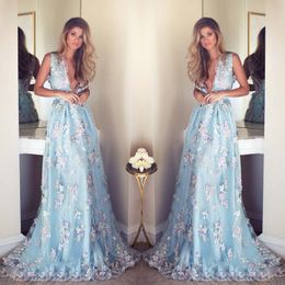 Floral Appliqueed Long Prom Dresses Sexy Deep V Neck Sleeveless Light Sky Blue Formal Party Dresses 2017 Floor Length Celebrity Evening Gown