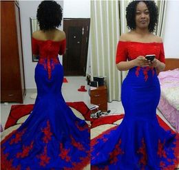 Red And Blue Mermaid Prom Dresses South Aafrican Plus Size Women Evening Gowns Lace Appliques Off Shoulder Lace Up Formal Party Dress