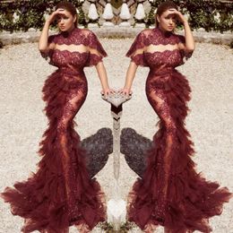 Burgundy Lace Mermaid Prom Dresses 2018 High Neck See Through Evening Gowns Tulle Tiered Long Formal Party Dresses Custom Made