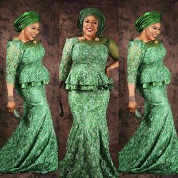 Plus Size Green Lace Prom Dresses South African Beading Sheer Neck Long Sleeves Evening Gowns Aso Ebi Saudi Arabia Formal Party Dr214C