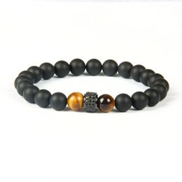 New Fashion Jewelry Wholesale 8mm Matte Agate Stone Beads with Black Cz Cylinders Beaded Men Bracelet Bangle