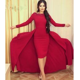 red high low prom dresses Canada - High Low Red Long Sleeve Prom Dresses 2019 Cheap Bateau Neck Beaded Sheath Satin Cheap Cocktail Party Dress Arabic Women Formal Wear Sexy