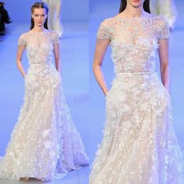 Flower Evening Dress Short Sleeve Sheer Bateau Neck 3D Floral Appliques Beaded Tulle Bridal Dresses High Quality Designer Custom Made