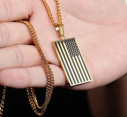 Amerikanska flaggan USA Patriot Frihet Stjärnor och Stripes Dog Tag Pendant Halsband Män / Kvinnor Smycken Guldfärg Rostfritt stål