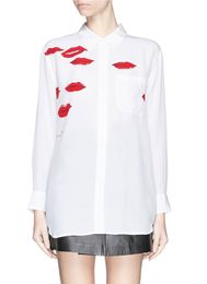 -EQ 100% seda vermelho lip impressão mulheres blusa de manga longa senhora equipamentos de seda solta camisa primavera outono
