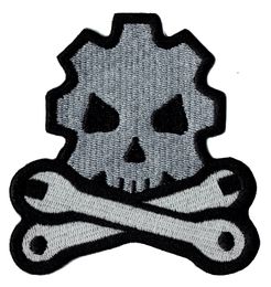 Cheap Skull Bone Tool Embroidered Iron On Patch Jacket Emblem 100% Embroidery Applique Badge 8.7cm*8cm G0042 Free Shipping