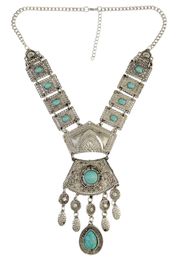 idealway 3 Colours Bohemian Inlay Crystal Natural Turquoise Beads Geometric Shape Carved Flower Tassel Pendant Necklace