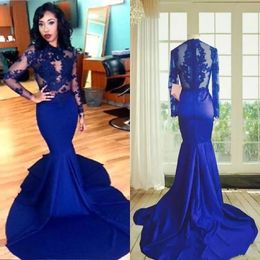 2023 Long Sleeves Lace Mermaid Prom Dress Sexy Royal Blue High Neck See Through Lace Appliques African Stretch Satin Party Evening Gowns