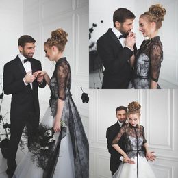 Vintage Black And White Wedding Dresses With Half Sleeves 2017 Cheap Shirt Collar Lace Tulle Long Bridal Gowns Custom Made China EF4202