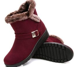 Wholesale Women Warm Shoes 3 Colours Red Mid-calf Round Toe Women Snow Boots Fox Fur Button Women Winter Boots Free Shipping