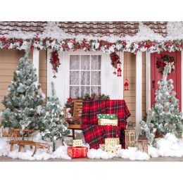 Outdoor Winter Snow Scene Photography Backdrops Fond Studio Photo Decorated House Christmas Trees Chair Gift Boxes Merry Xmas Background