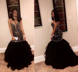 Plus Size Black Mermaid Prom Dresses Sweetheart Beading Tulle Floor Length Backless Black Girls Party Dresses Graduation Gowns