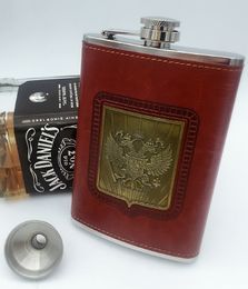9 oz 304 stainless steel hip Flask Brown Leather With Free Funnel