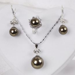 South Sea Brown Shell Pearl Ring Earrings Pendant Necklace Jewelry Set