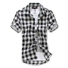 Shirts Wholesale Fashion Red Black Blue Mens Plaid Shirt Short Sleeve Men Checked Shirt Men Cotton Mens Shirts Causal Grid Checked Shirt