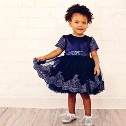 Dark Navy Baby Birthday Party Dresses Lace Appliques Short Sleeves Flower Girl Dresses For Wedding Knee Length Baby Pageant Gowns Cheap