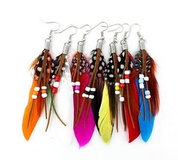 catwalk earrings Canada - 10 Colors bohemian silver plated long 10cm feather earrings beads for women fashion jewelry for catwalk hanging earrings brincos G17