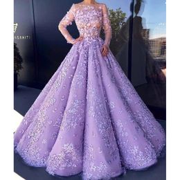 Fascinating Lavender Formal Evening Gowns Gorgeous Beaded Floral Applique Sheer Long Sleeves Evening Dress Sexy A-Line Tulle Celebrity Dress