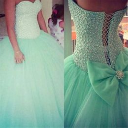 2017 Mint Green Sweetheart Ball Gown Quinceanera Dresses with Flower Crystals Beaded Plus Size Prom Pageant Debutante Party Gown BM58