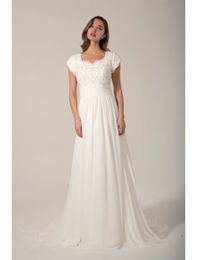 New Designer A-line Country Modest Wedding Dresses Long With Cap Sleeves Beaded Lace Top Chiffon Skirt Informal Temple Bridal Gowns