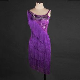 Free Shipping Purple Adult/Girls Latin Dance Dress Salsa Tango Cha cha Ballroom Competition Practise Rhinestone Tassel Dance Dress NXO1