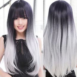 Wholesale free shipping >>>>Women's Black Silver White Wig Long Straight Hair Cosplay Anime Full Wig Cosplay