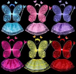 4Pcs Fairy Princess Kids Costume Set Butterfly Wings Wand Headband Tutu Skirt Children Stage Wear Girls Party Halloween Costumes