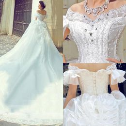 2017 Luxury Wedding Dresses Off Shoulder Beaded With Applique Short Ruffle Sleeves Wedding Gown Back Lace-Up Pleats Custom Made Bridal Gowns