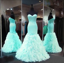 Sweetheart Satin Ruffles Organza Teesn Formal Prom Gowns Seniors Evening Dresses Custom Made Mint Mermaid Prom Dresses