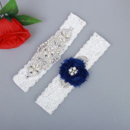 Bridal Garters Blue Chiffon Flowers Crystal Beads 2pcs Set Handmade White Lace For Bride's Wedding Garters Leg Garters Plus Size 18020