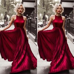 Fashion 2017 New Dark Red Elastic Satin Like Silk Pleats A-line Prom Dresses Long Cheap Halter Formal Party Gowns Custom Made EN1163