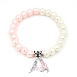 Wholesale Free Shipping New Arrival Pearl Bracelet Breast Cancer Awareness Angel Wings Pink Ribbon Charms Bracelet Jewelry for Cancer Center