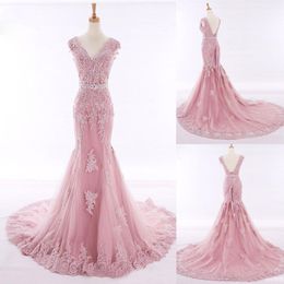 V Neck Floor Length Sexy Celebrity Gowns Plus Size Women Pink Lace Pink Wedding Dress with Color Mermaid Bridal Gown Long Sash